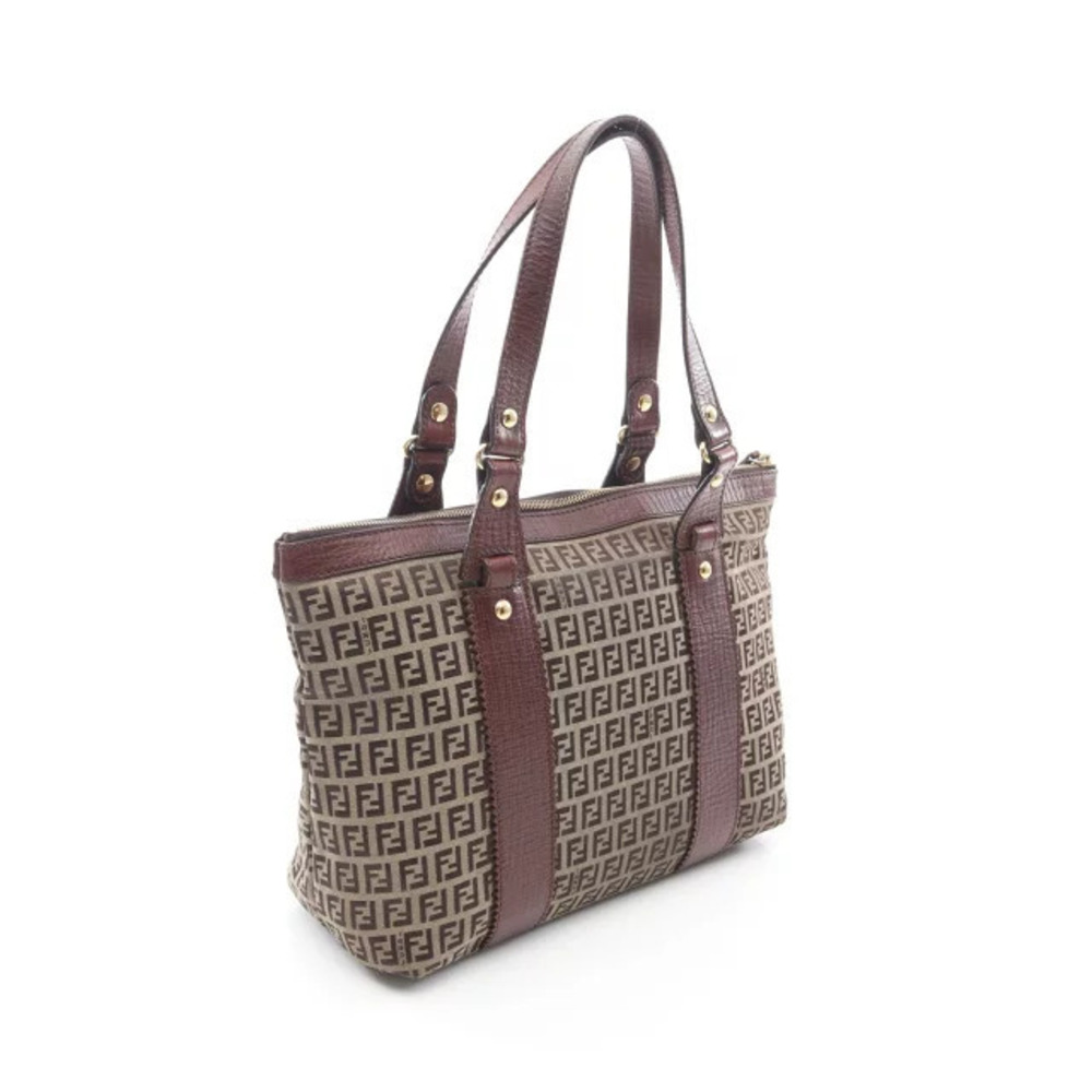Fendi Leather Tote Brown Cream Zucchino Canvas Bag Beige Cream Tan